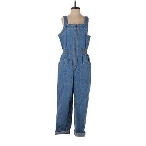 MADEWELL Solid Blue Denim Zip Smock-Waist Jumpsuit - M